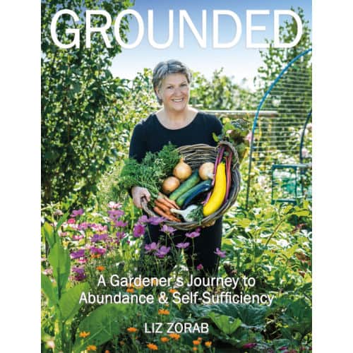 Book cover showing woman standing in garden surrounded by flowering plants, holding a basket of vegetables