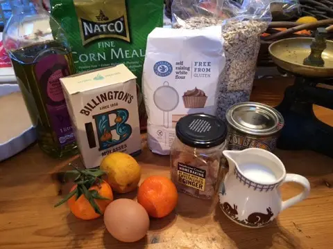 Selection of ingredients for gluten free sticky ginger oaty cake.